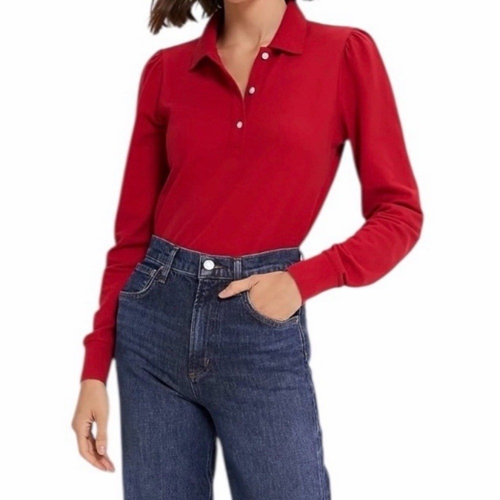 NEW Tuckernuck Peggy Long‎ Sleeve Cotton Polo Shirt in Red Size XS